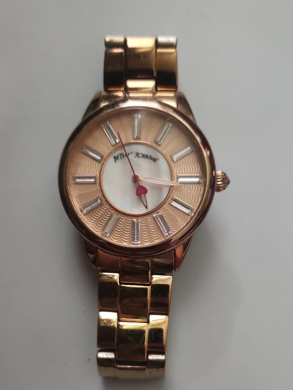 Betsey Johnson Rose Gold and White Women's Watch with Pink Heart‎ Hand